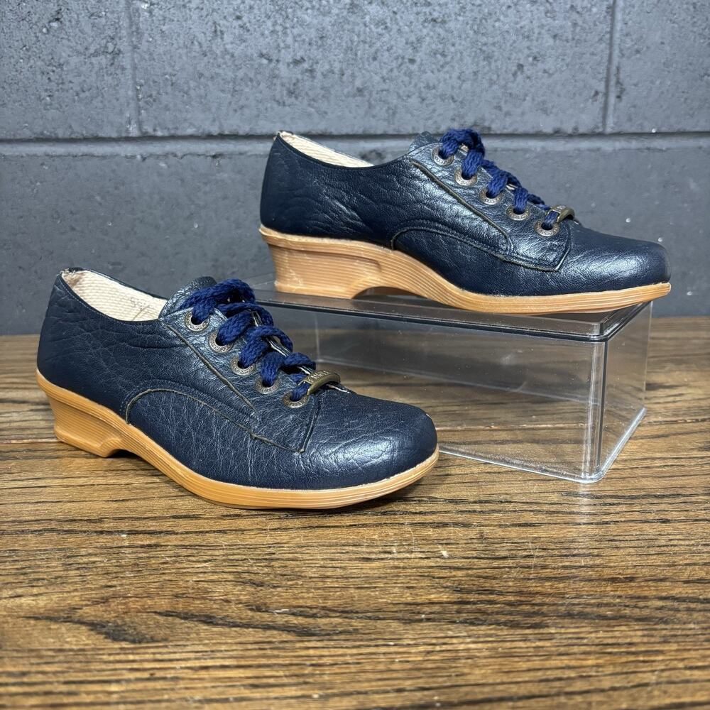Vintage Famolare Get Sole Women’s 5.5 N Navy Blue Leather Wedge Shoes Made Italy